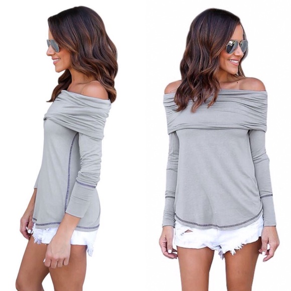 💥 SALE Fold Over Cowl Neck Off Shoulder Contrast Stitch Knit Top Grey - Picture 6 of 6